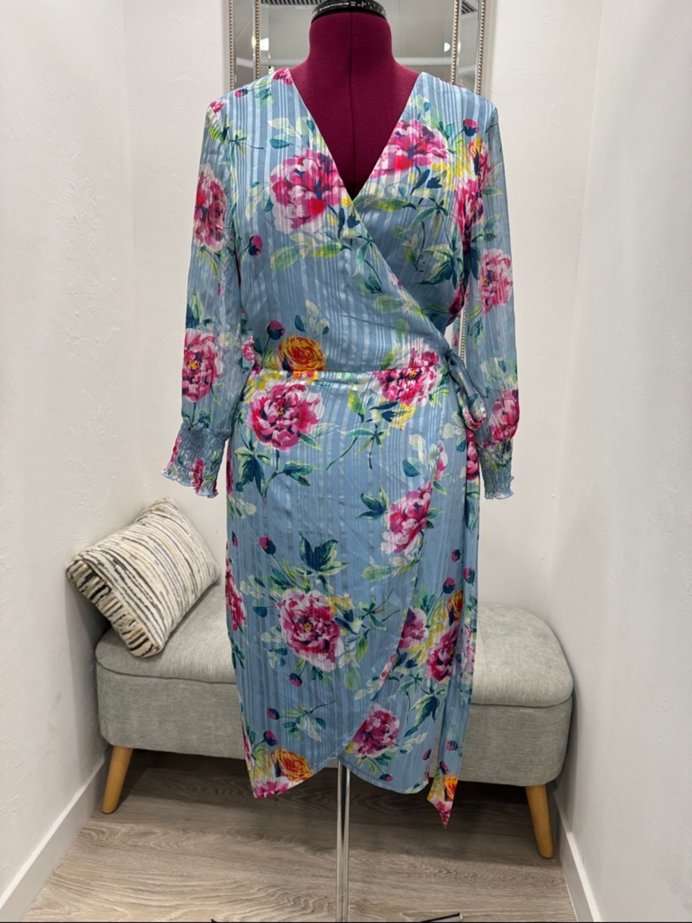 bebe Sky Blue Floral Wrap Midi Dress